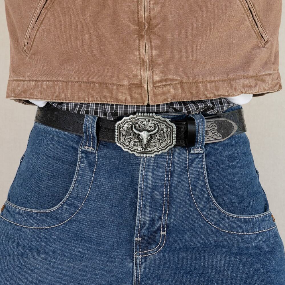 Y2K Silver Western Cowboy Boho Belt Black Unisex Large Adjustable